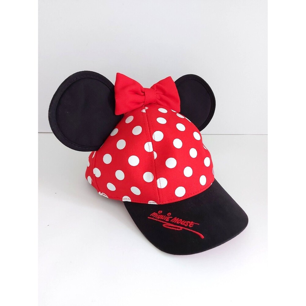Disney Parks Minnie Mouse Hat Cap Youth Red Black Snap Back Ears Bow Polka Dot